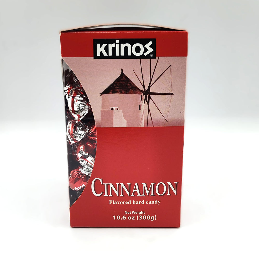 Close-up of Krinos Cinnamon Hard Candy packaging, perfect for events.