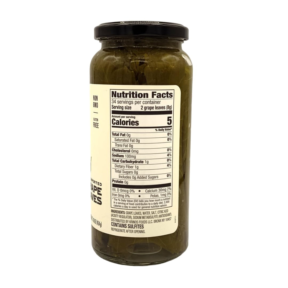 Krinos grape leaves jar ingredients show simple leaves and brine