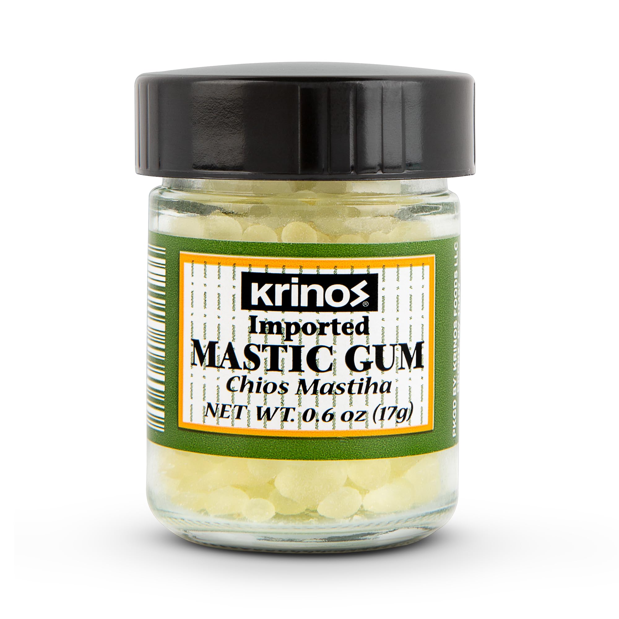 Krinos Greek Mastic Gum bottle shows authentic Chios flavor in a PDO-certified package.
