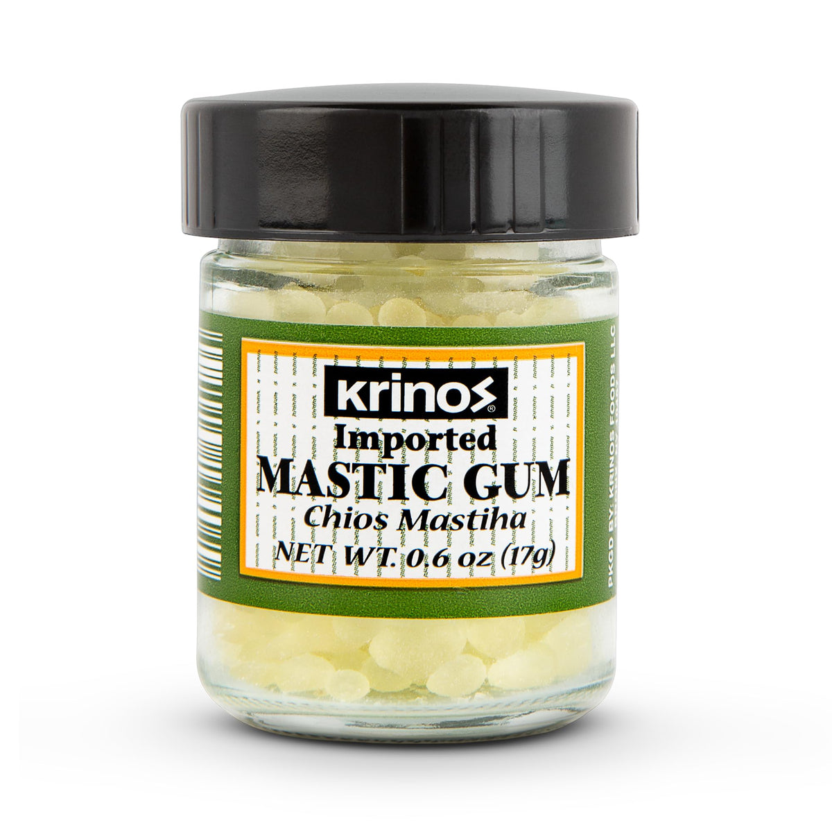 Krinos Greek Mastic Gum bottle shows authentic Chios flavor in a PDO-certified package.