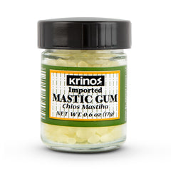 Krinos Greek Mastic Gum bottle shows authentic Chios flavor in a PDO-certified package.