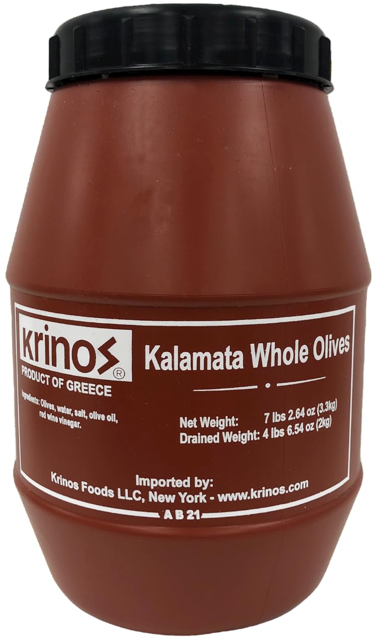Krinos Kalamata olives in a jar, glossy and meaty, perfect for mezze boards