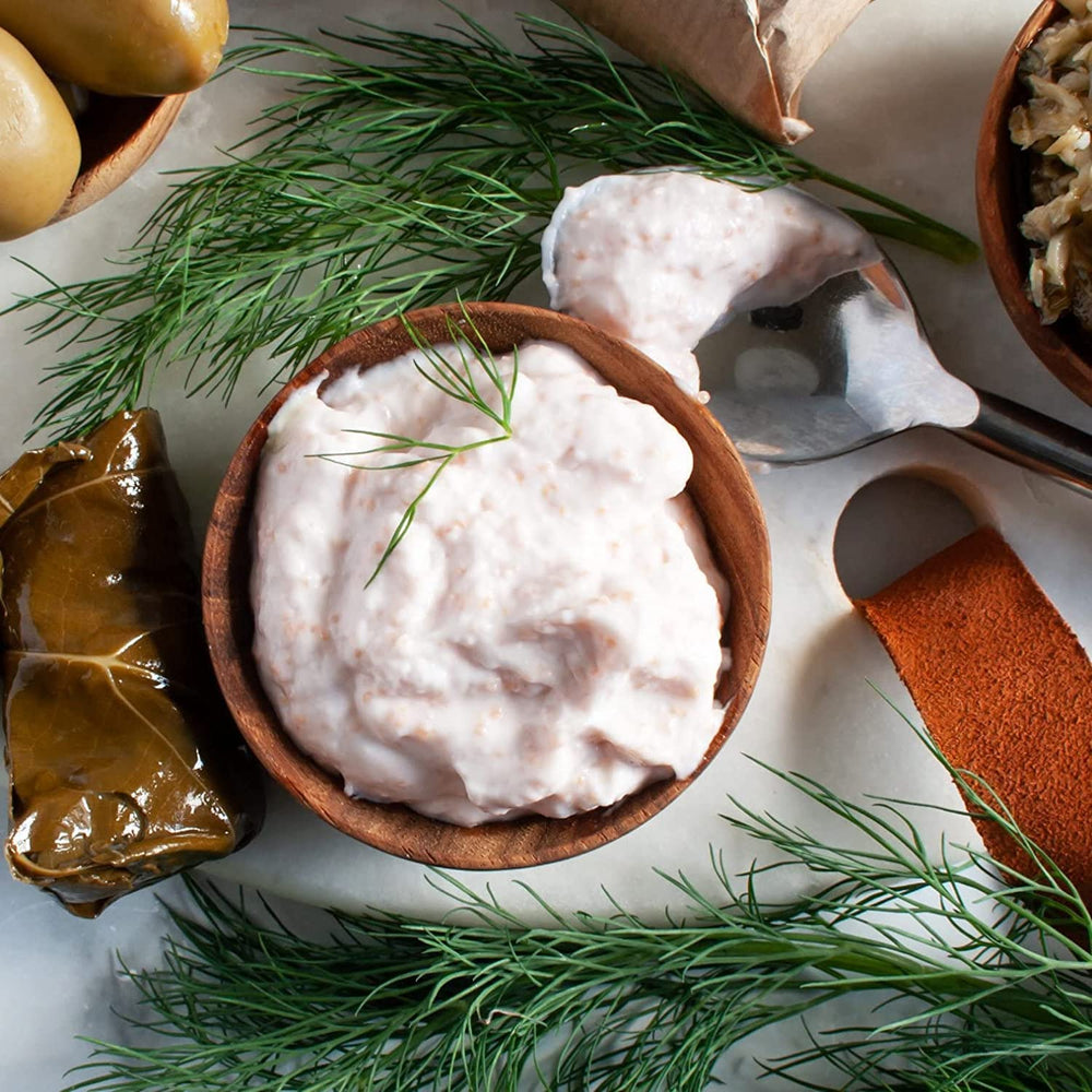 Krinos Taramosalata with crackers, ideal quick appetizer.