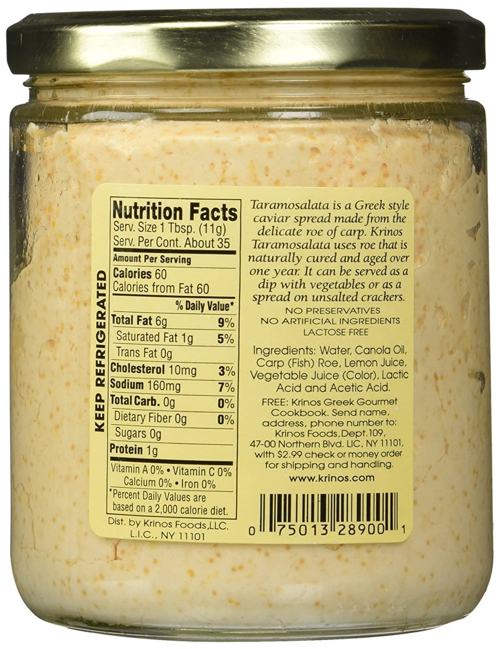 Krinos Taramosalata label close-up, traditional carp roe recipe highlighted.