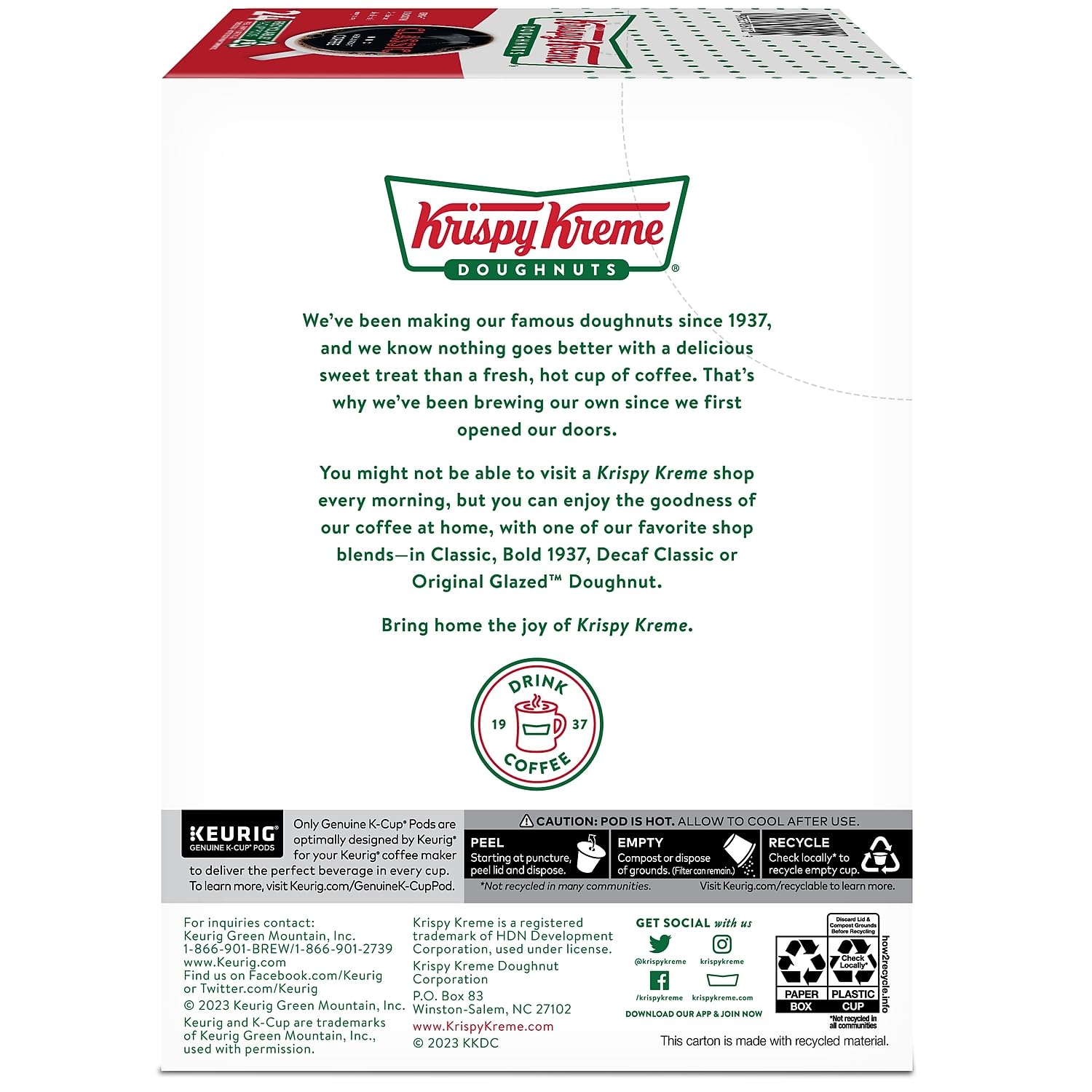 Krispy Kreme Classic coffee ready in Keurig machine.