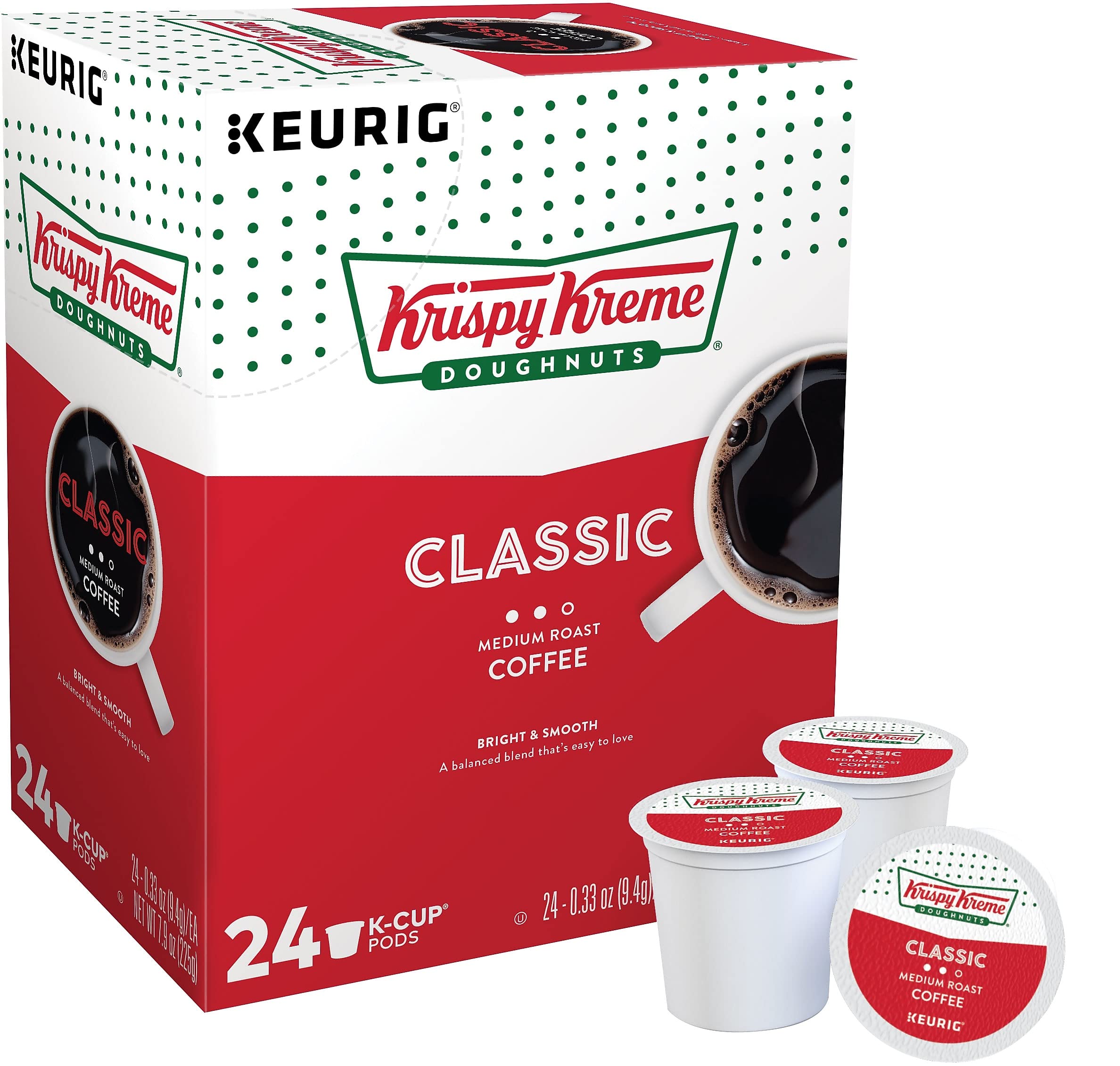 Krispy Kreme Classic coffee pods front view for Keurig brewing.
