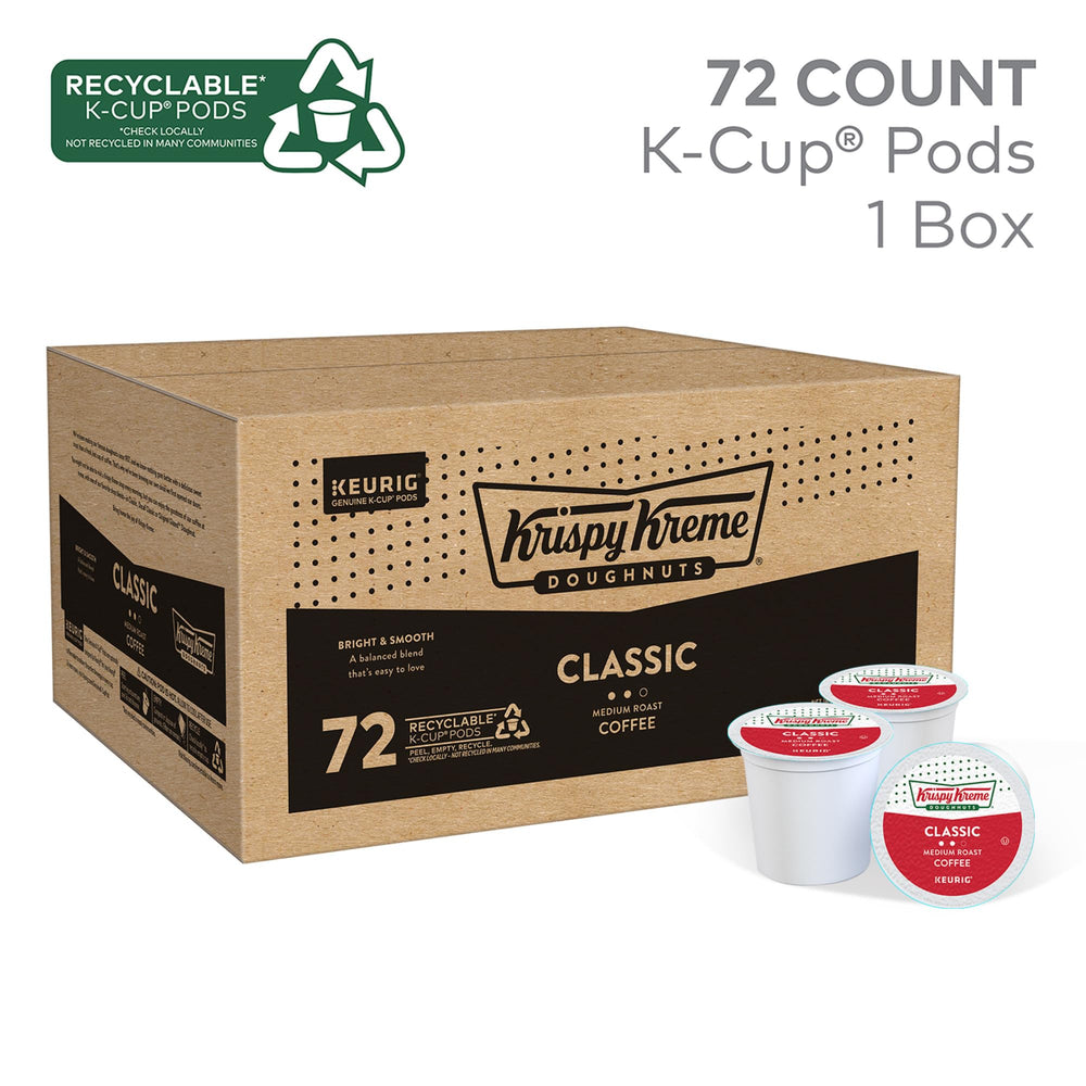 Krispy Kreme Classic coffee pods brewing in a Keurig cup for a quick, smooth start