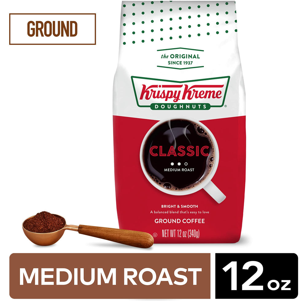 Krispy Kreme Classic ground coffee packaging highlights premium medium roast