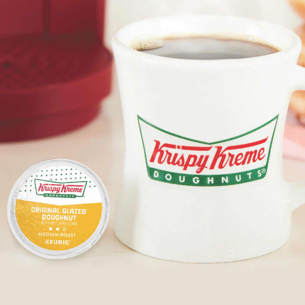 Krispy Kreme coffee pods in a kitchen setup for quick mornings.