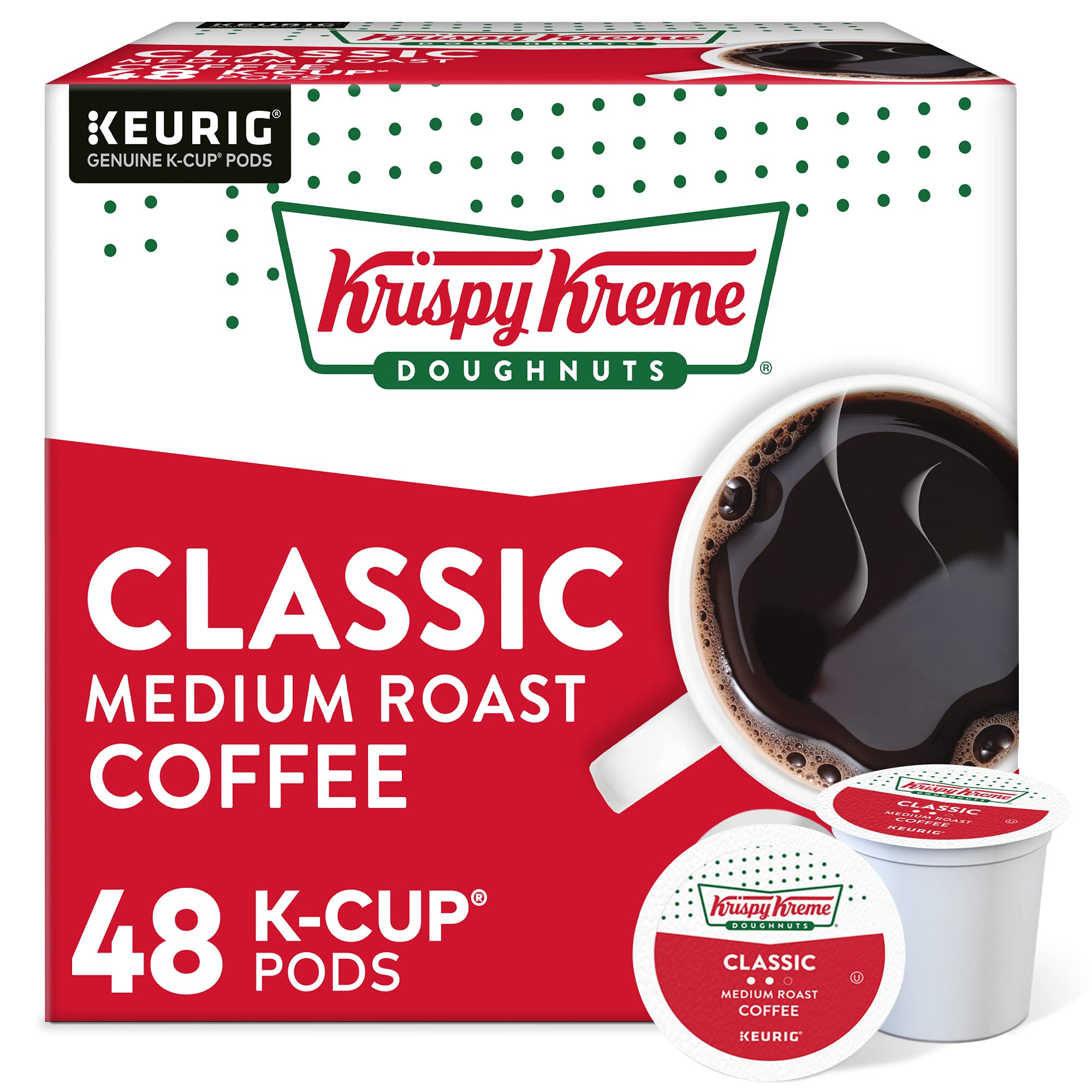 Krispy Kreme Doughnuts Classic coffee mug with steam, ideal for a comforting breakfast