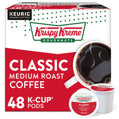 Krispy Kreme Doughnuts Classic coffee mug with steam, ideal for a comforting breakfast