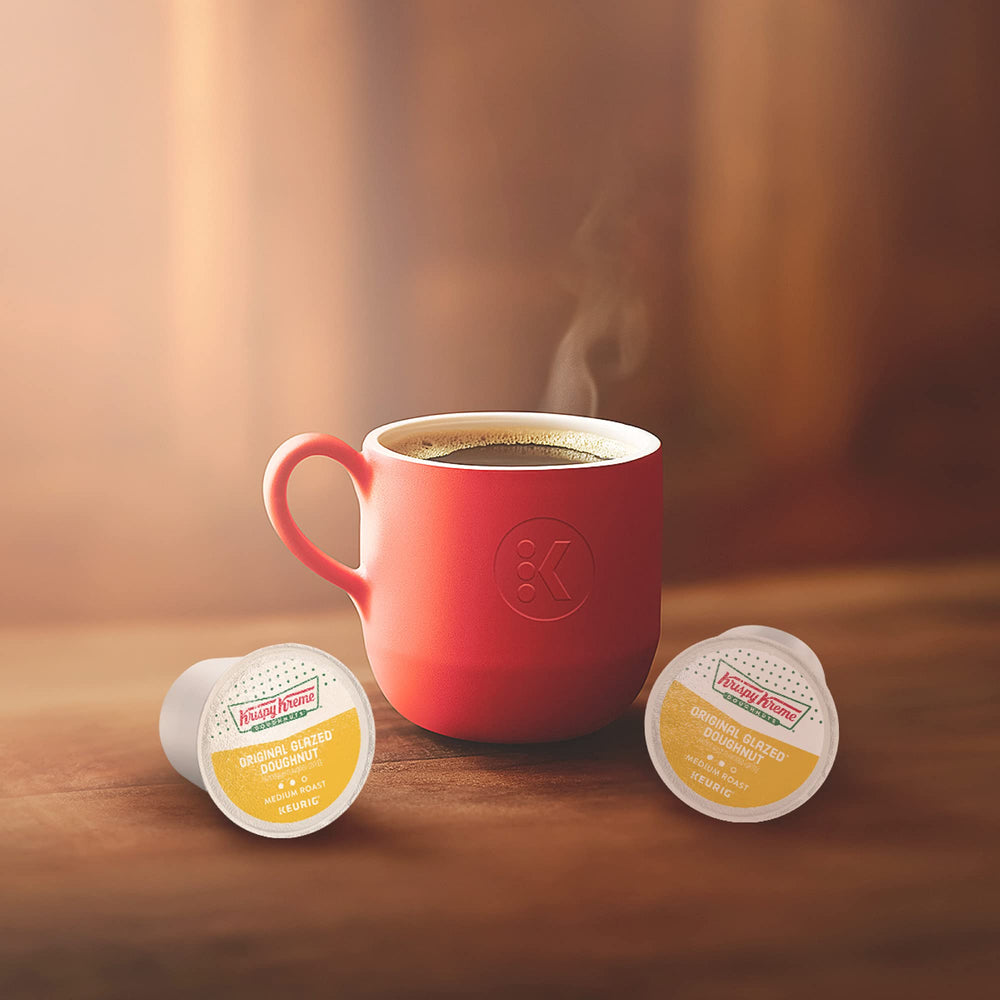 Krispy Kreme recyclable K-Cup pods label emphasized for eco-friendly use.