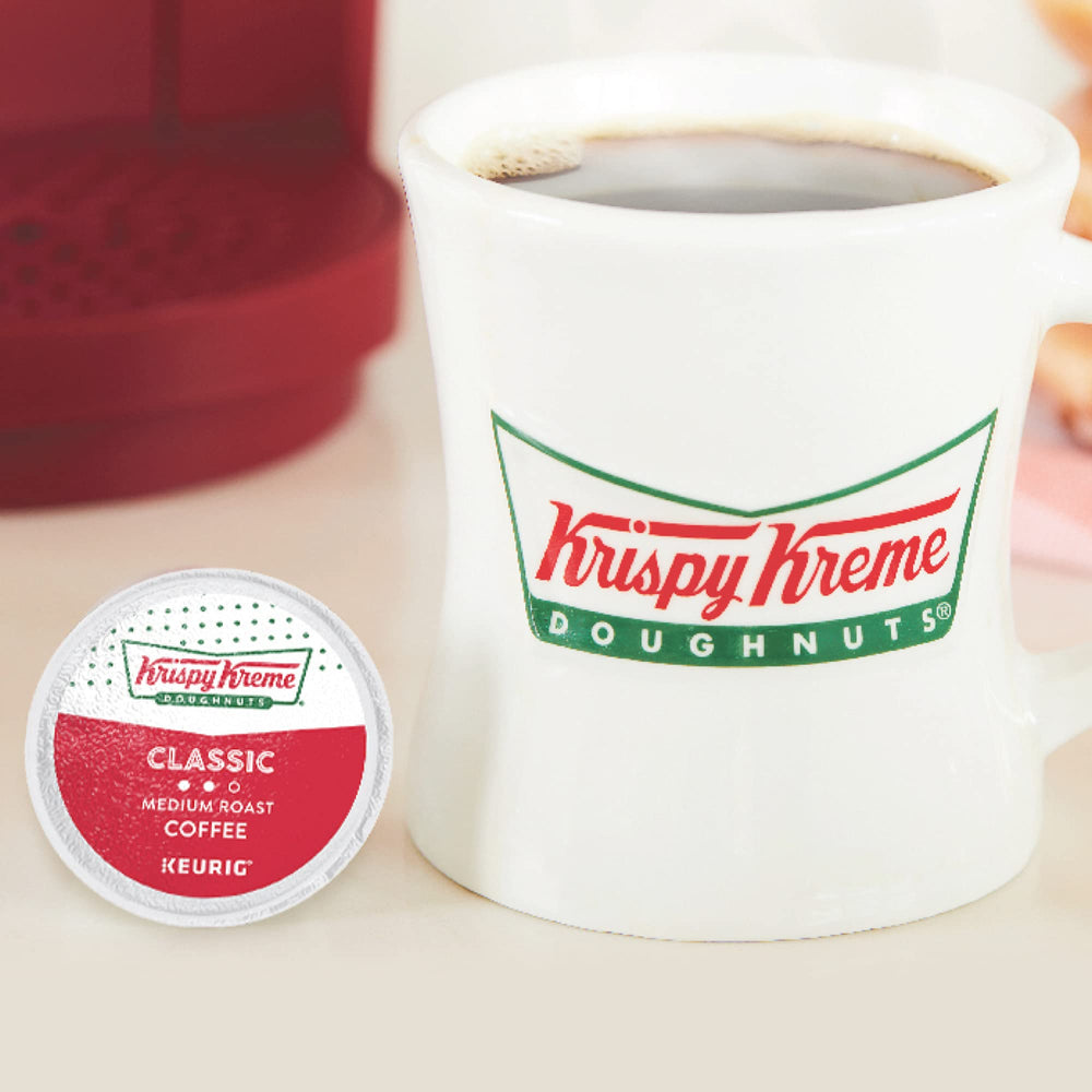 Morning routine scene with Krispy Kreme coffee and doughnuts