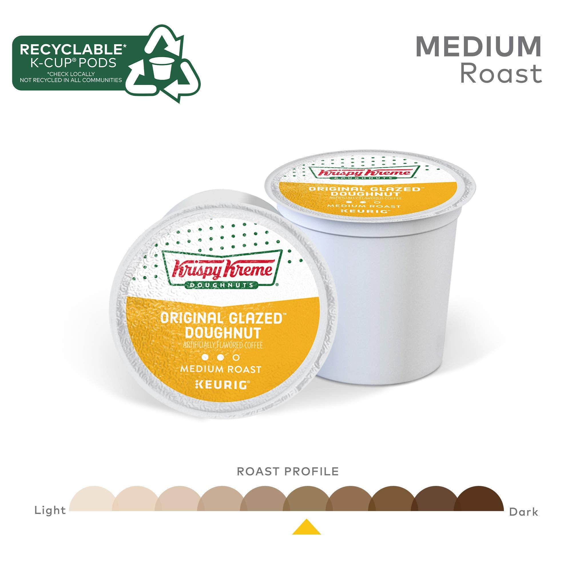 Krispy Kreme Original Glazed coffee pods close-up showing medium roast flavor.