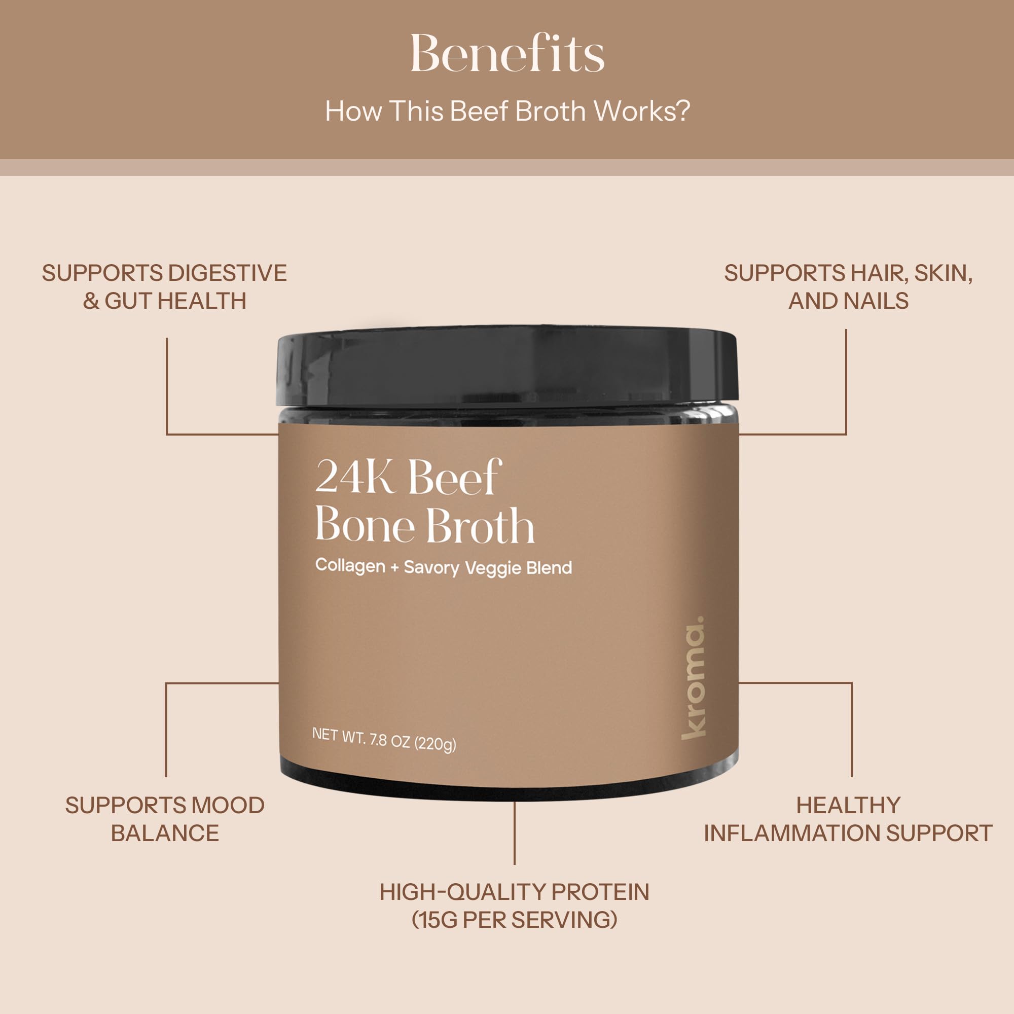 KROMA 24K Beef Bone Broth Powder jar served in a mug for a savory sip