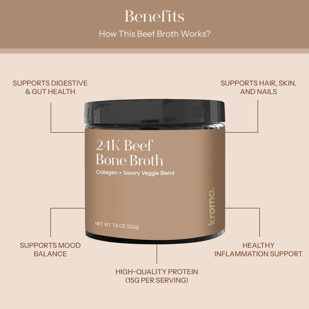 KROMA 24K Beef Bone Broth Powder jar served in a mug for a savory sip