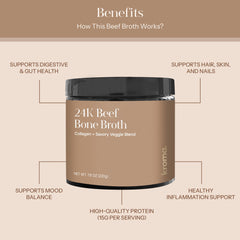 KROMA 24K Beef Bone Broth Powder jar served in a mug for a savory sip