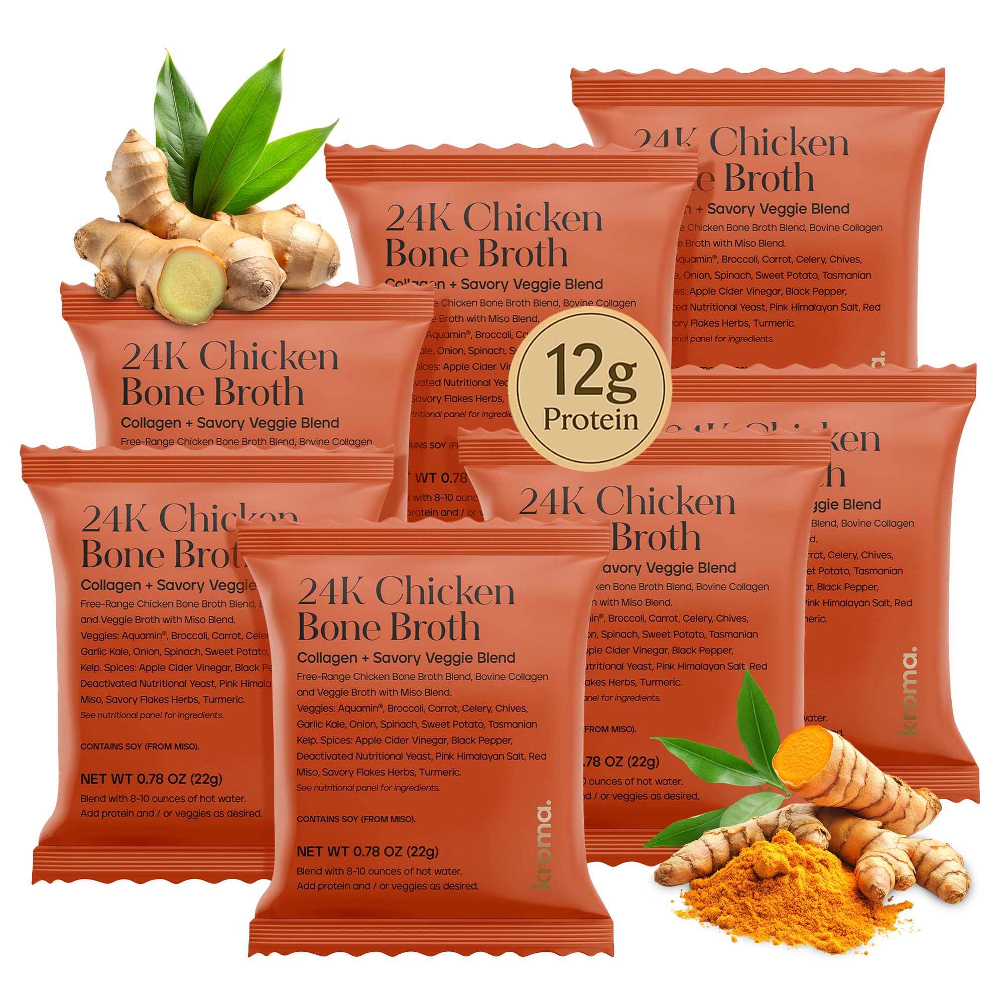 KROMA 24K chicken bone broth powder 7-pack front view for convenient daily use