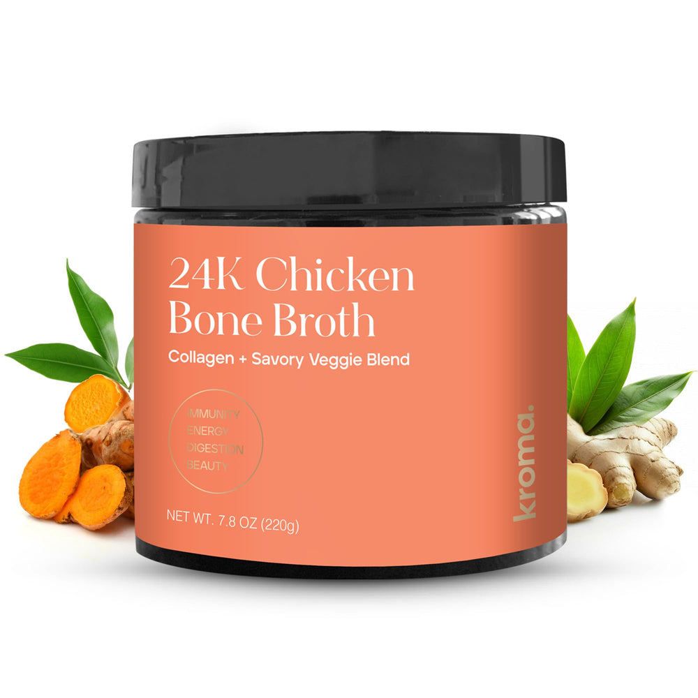 KROMA 24K bone broth powder jar showcasing organic ingredients for daily wellness.