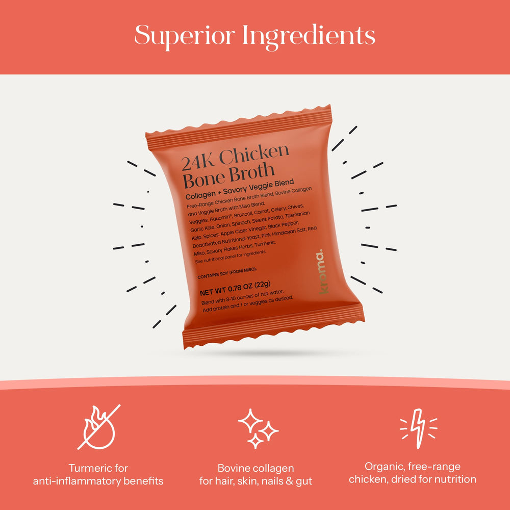 KROMA 24K chicken bone broth powder on kitchen counter