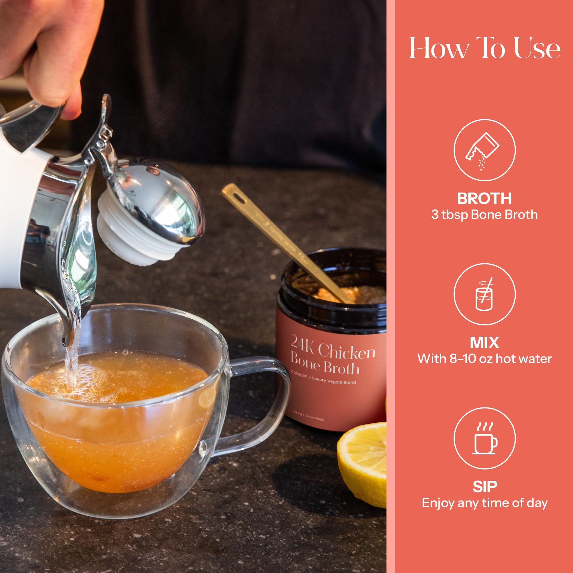 KROMA 24K chicken bone broth powder mixing action for quick health ritual