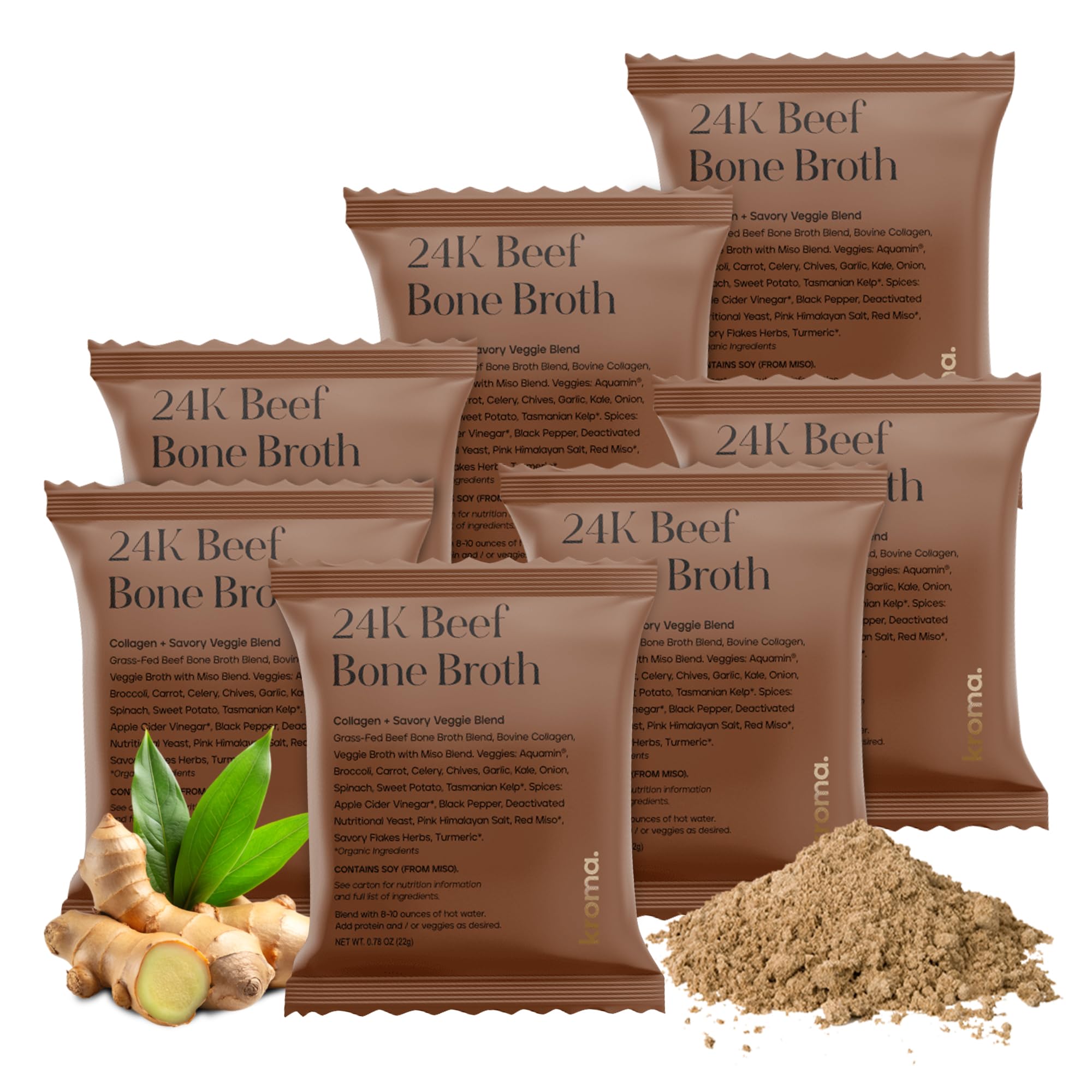 KROMA beef bone broth powder packets show convenient single-serve portions for on-the-go nutrition.
