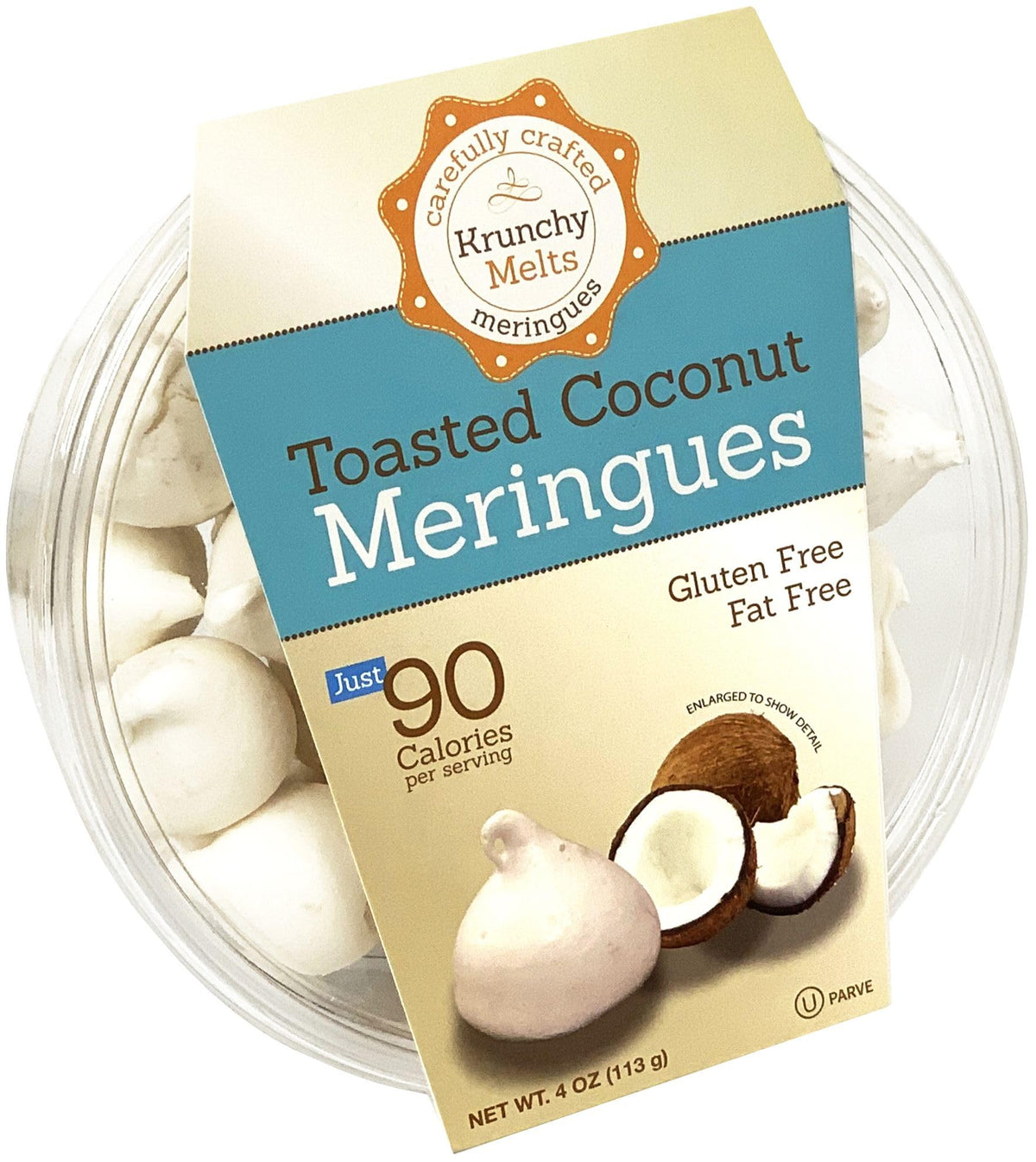 Krunchy Melts Original Meringue Cookies in a toasted coconut bag, a light gluten-free snack.