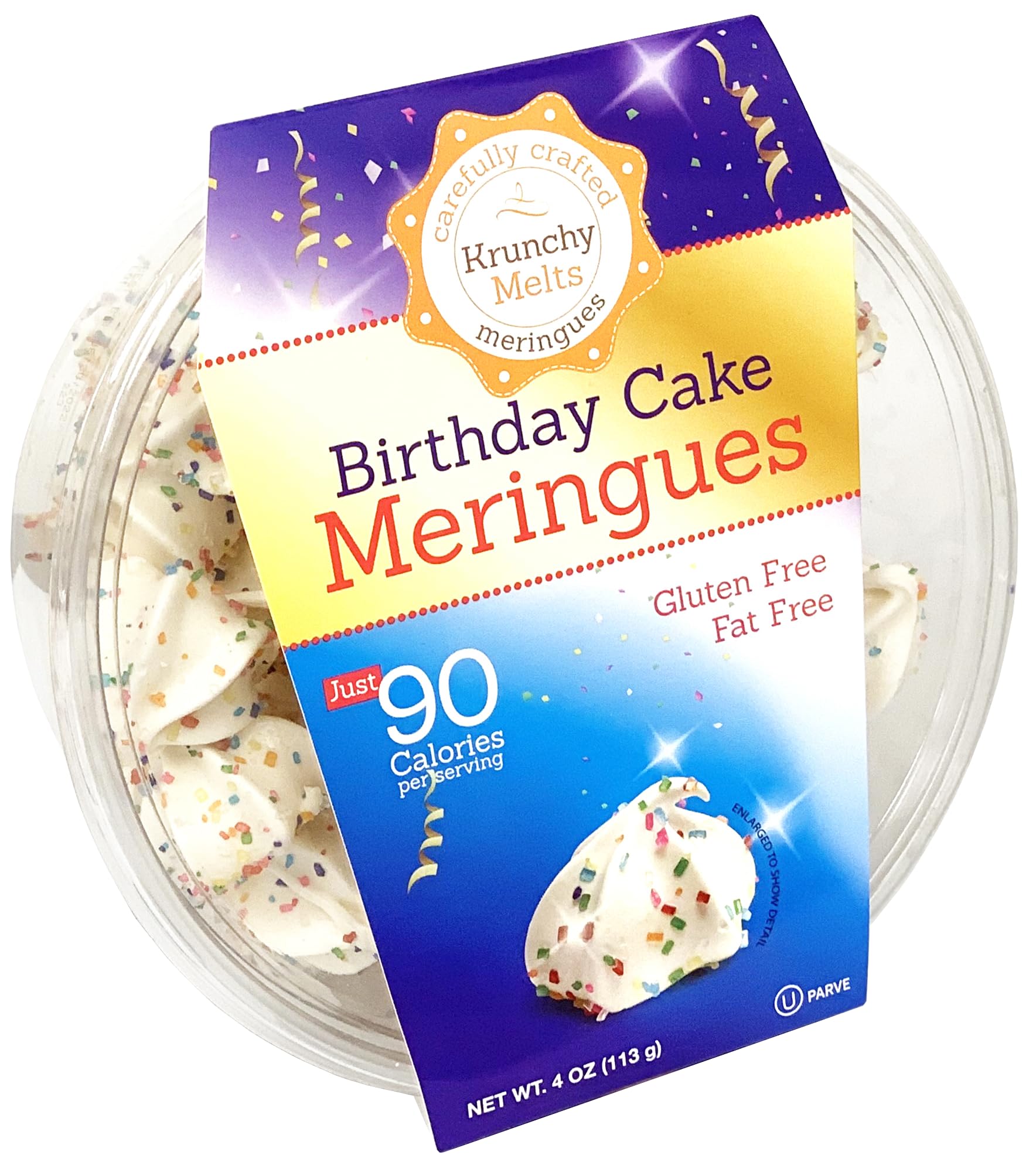 Krunchy Melts original meringue cookies on a plate, light gluten-free birthday cake snack