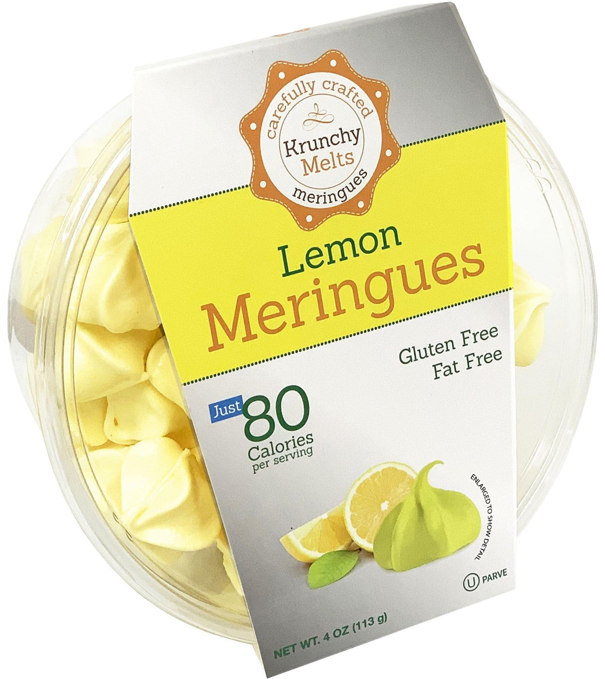 Krunchy Melts Original Meringue Lemon close-up highlights light, airy texture for a gluten-free snack.