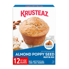 Krusteaz Almond Poppy Seed Muffin Mix box showing real almonds for rich home baking flavor