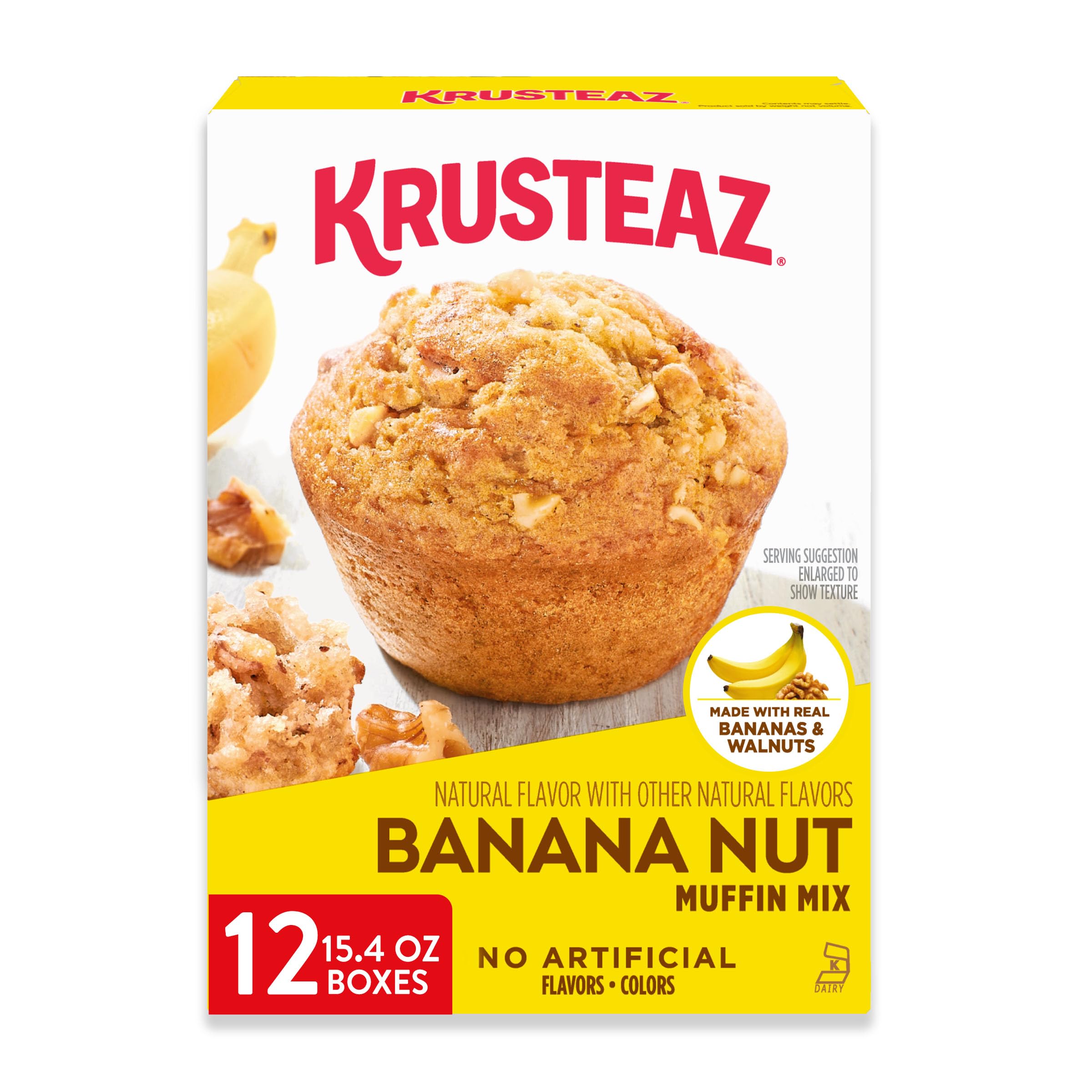 Krusteaz Banana Nut Muffin Mix box shows real bananas and walnuts, ideal for quick breakfasts.