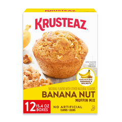 Krusteaz Banana Nut Muffin Mix box shows real bananas and walnuts, ideal for quick breakfasts.