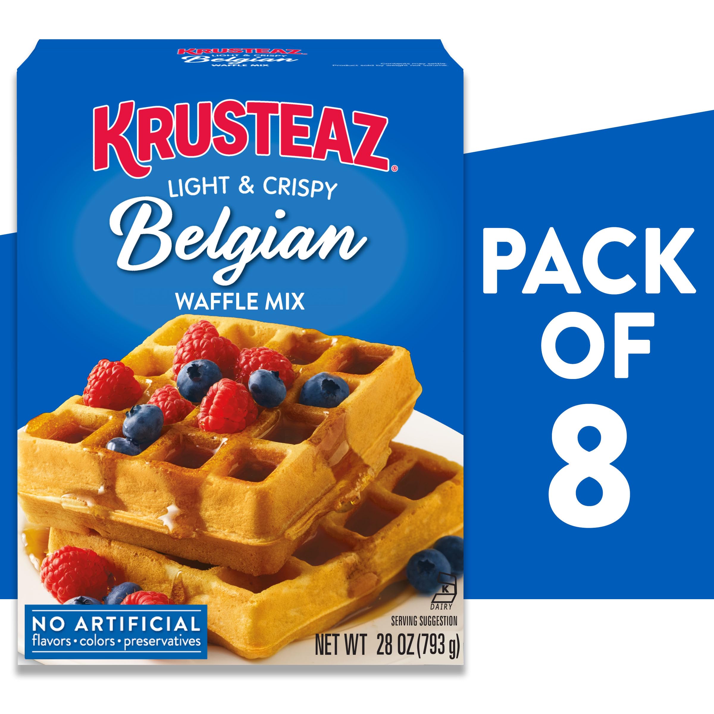 Waffles cooking on a hot Krusteaz waffle iron using the mix.