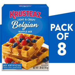 Waffles cooking on a hot Krusteaz waffle iron using the mix.