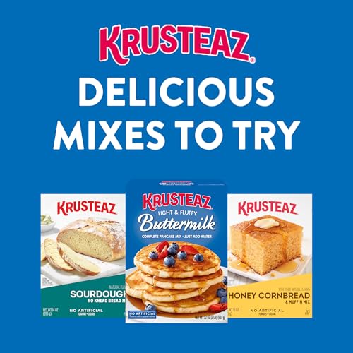 Measuring cup and bowl with Krusteaz pancake mix ready for prep.