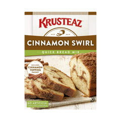 Krusteaz Cinnamon Swirl Quick Bread Mix box front, easy breakfast prep.