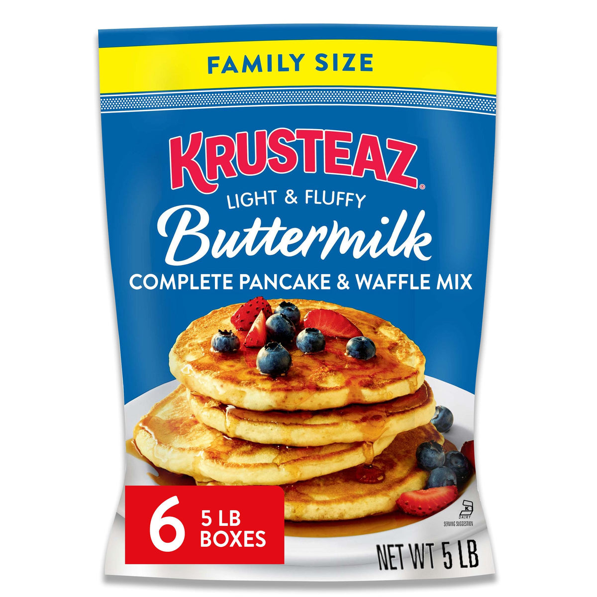 Krusteaz complete buttermilk pancake mix pack six 5 lb bags for family breakfasts.