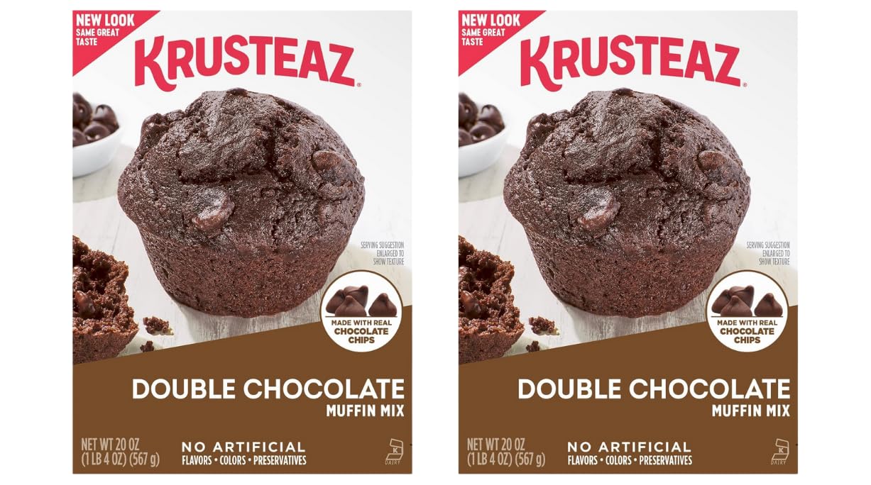 Krusteaz Double Chocolate Muffin Mix box, two-pack convenience for quick baking.