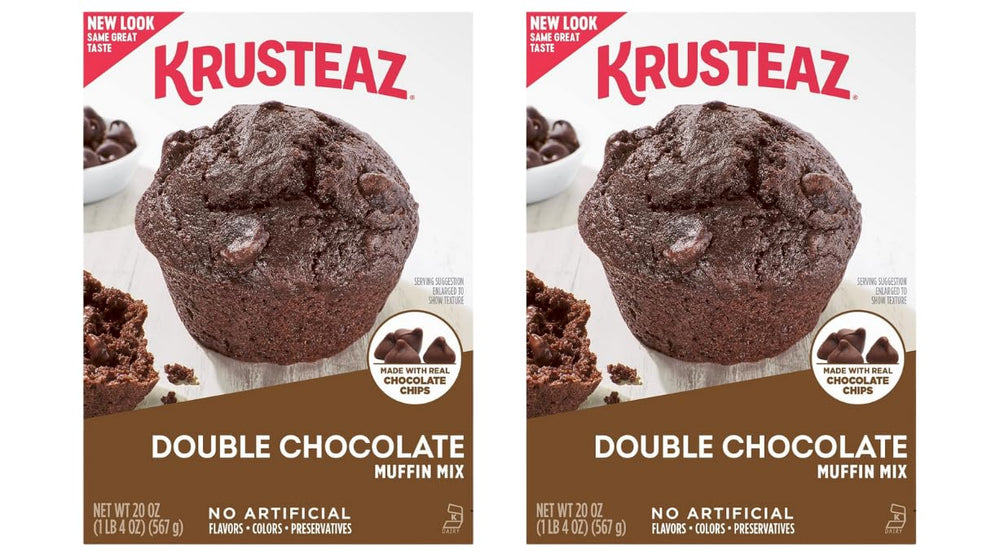 Krusteaz Double Chocolate Muffin Mix box, two-pack convenience for quick baking.