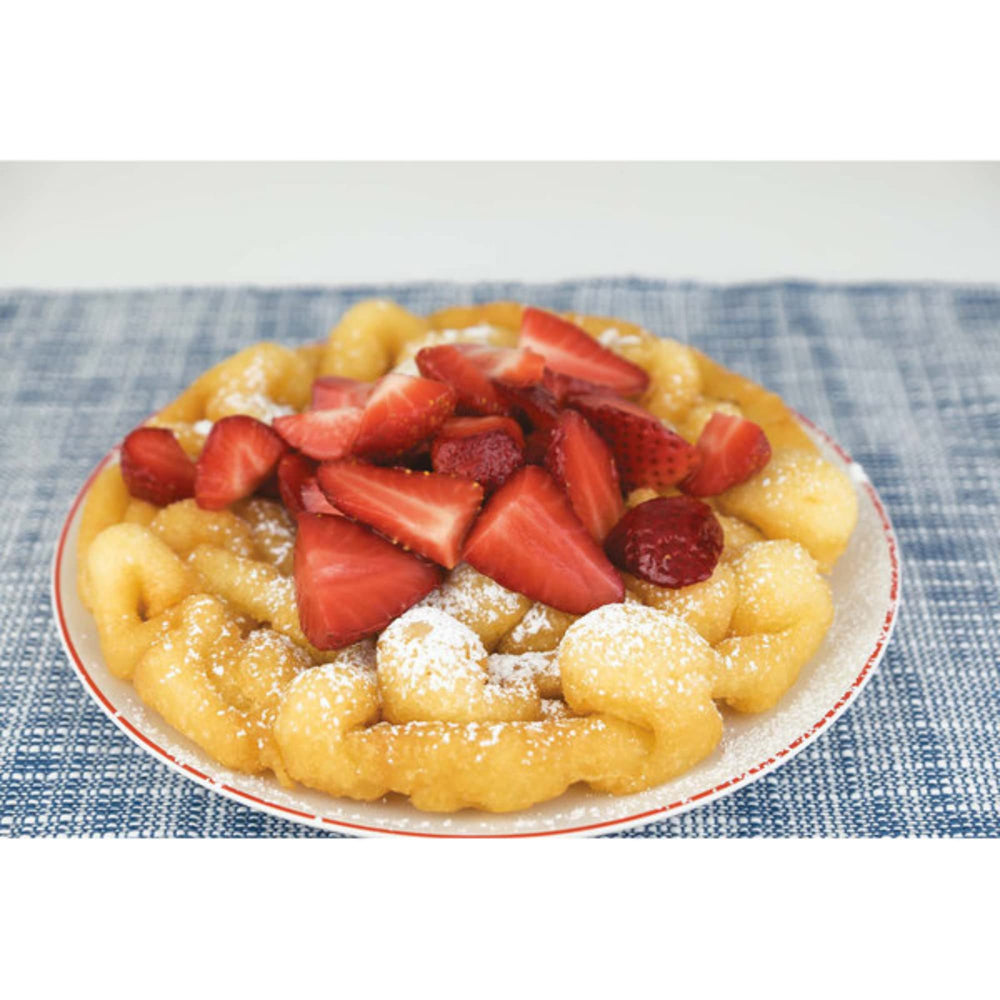 Krusteaz funnel cake mix finished with powdered sugar.