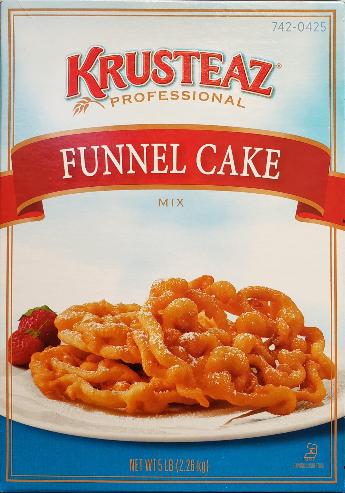 Krusteaz funnel cake mix box 5lb ready for carnival-style desserts.