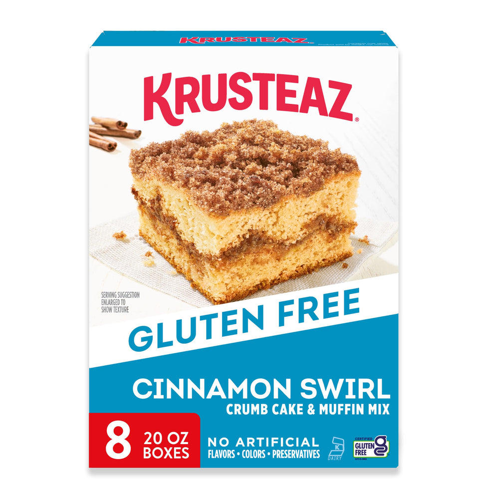 Krusteaz gluten-free cinnamon swirl crumb cake mix box ready for quick breakfasts