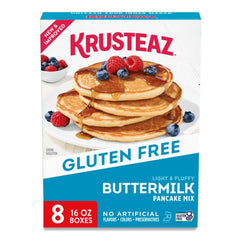 Krusteaz gluten-free light and fluffy buttermilk pancake mix box for quick breakfasts.