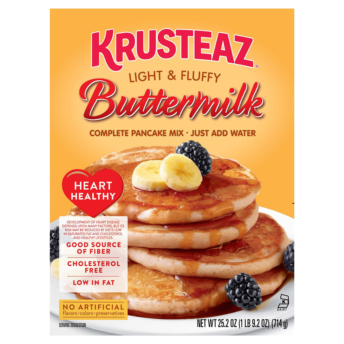 Krusteaz Heart Healthy Pancake pour-batter on a hot griddle for fluffy results