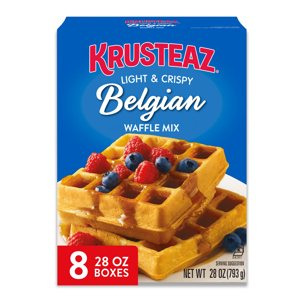 Krusteaz light and crispy Belgian waffle mix boxed in an eight-pack for easy breakfast planning.
