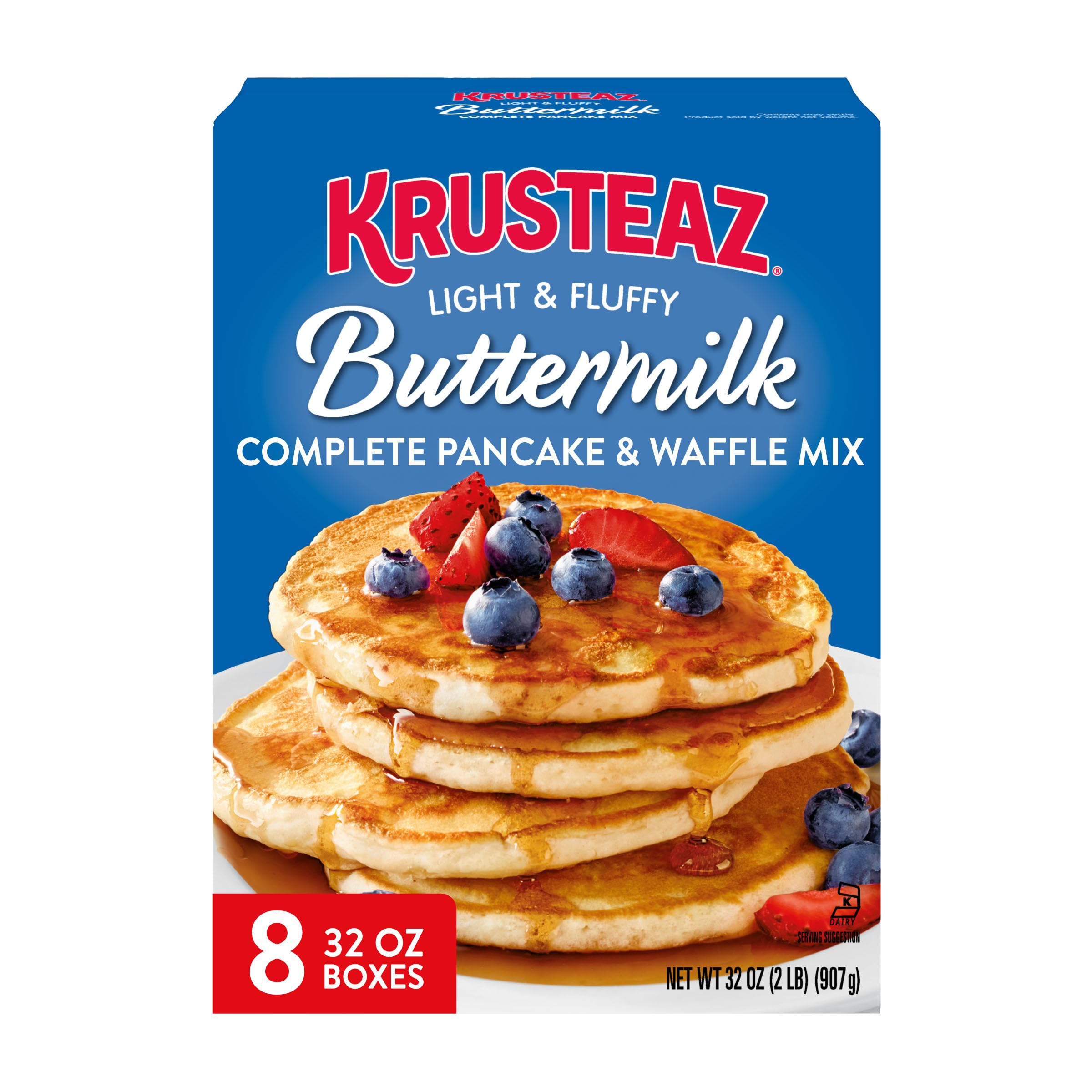 Krusteaz light and fluffy buttermilk pancakes being poured for a quick breakfast.