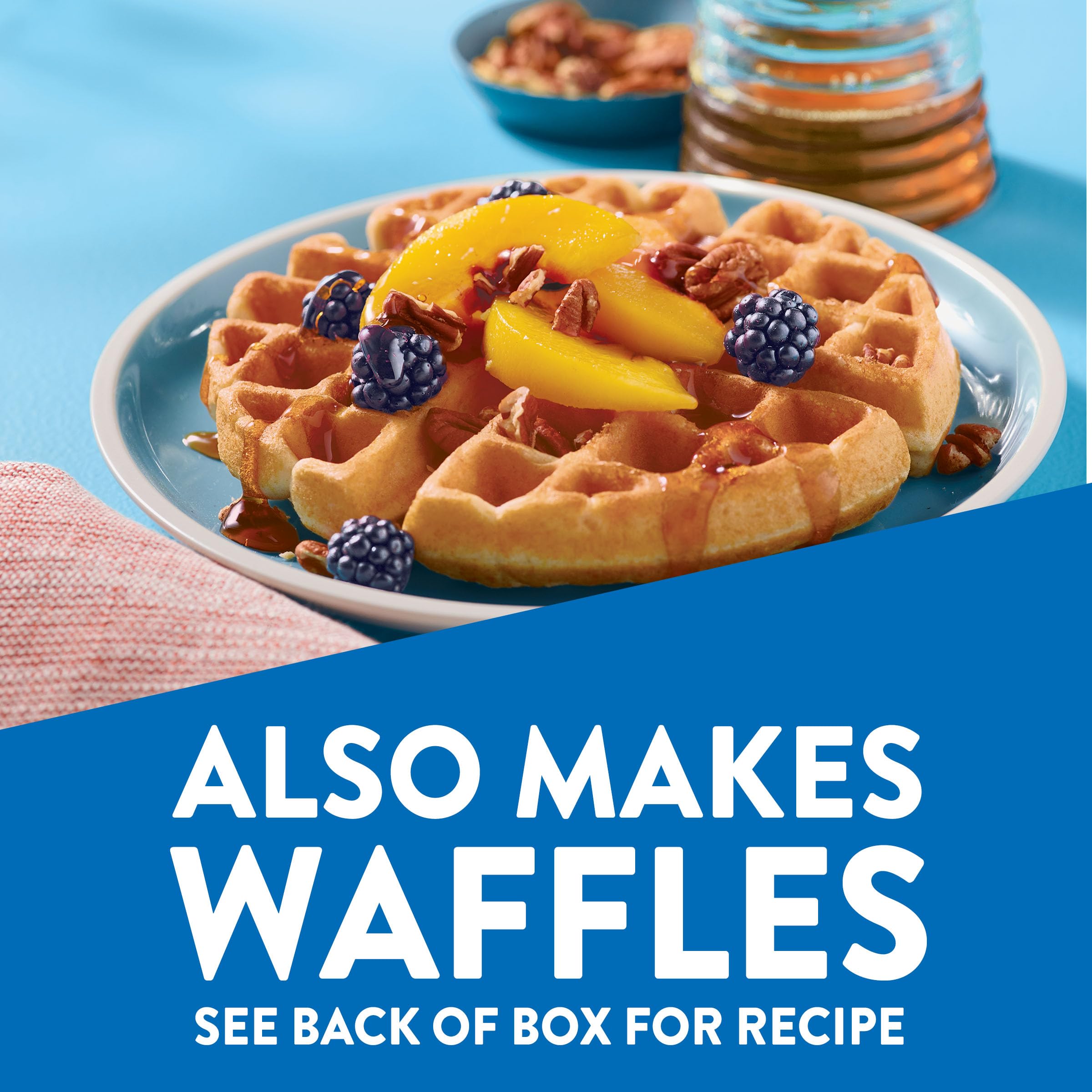 Eight-box Krusteaz pancake mix packaging on display.