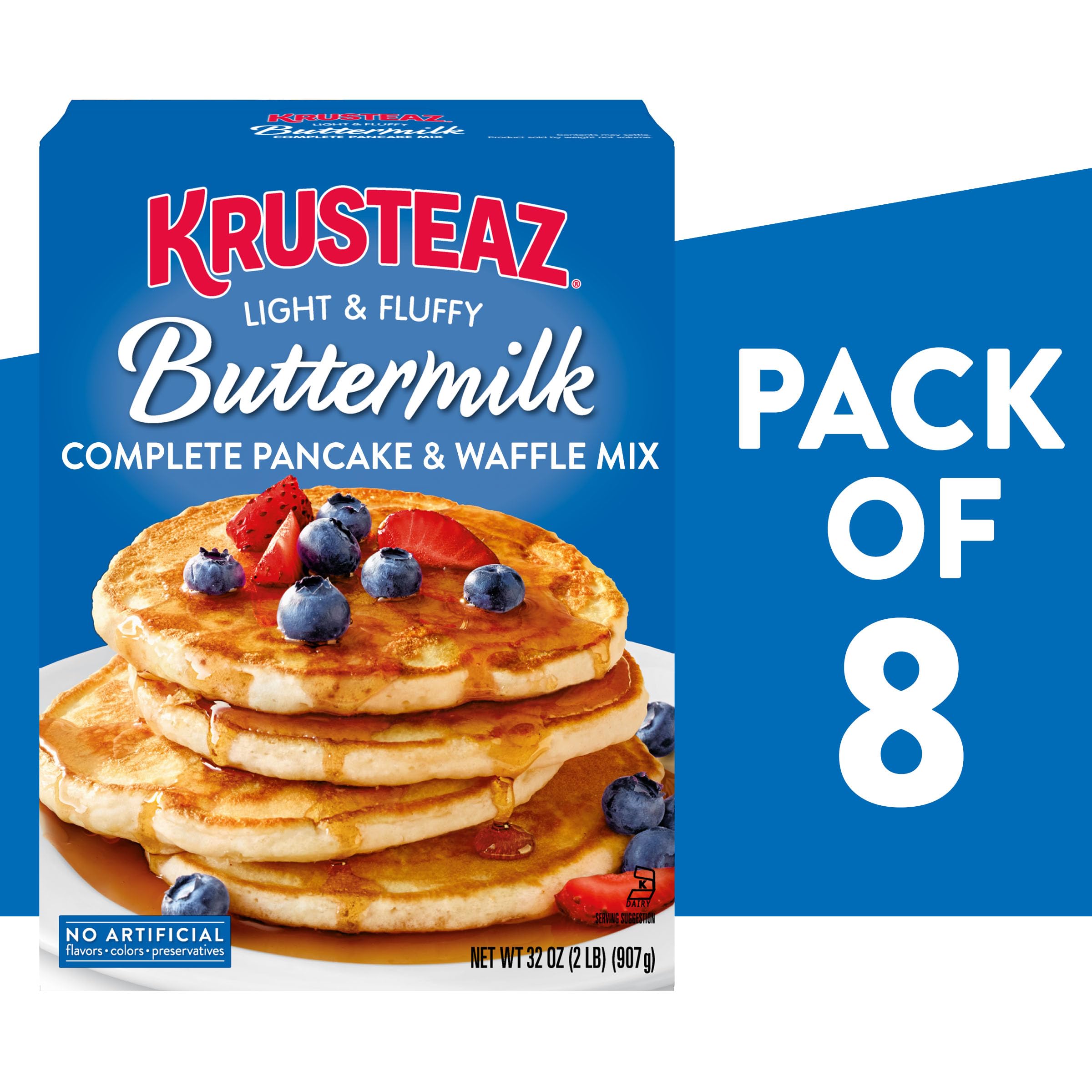 Golden-brown Krusteaz pancakes stacked on a plate.