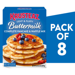 Golden-brown Krusteaz pancakes stacked on a plate.