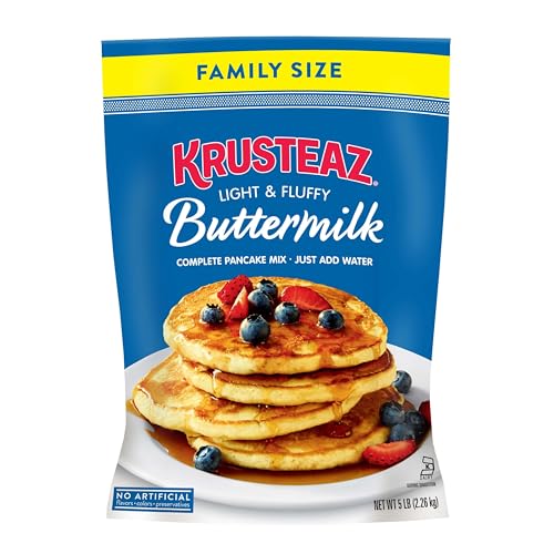 Krusteaz pancakes cooking on a hot griddle with a light aroma.